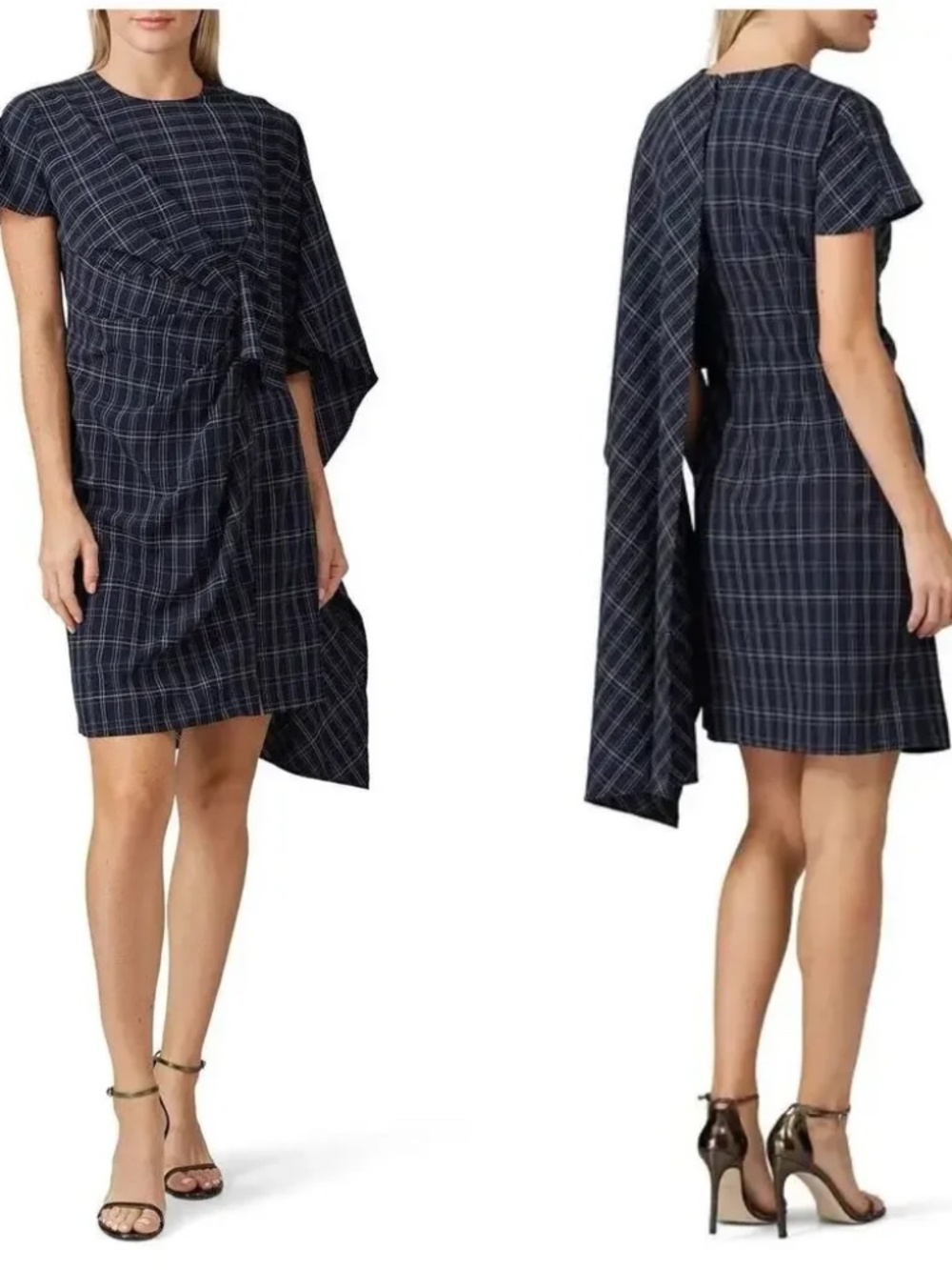 Prabal Gurung Collective Navy Blue Window Pane Plaid Draped Cape Dress Size 14
